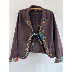 Julie G Boho Beaded Seashell Brown Front Tie Hippy Jacket Large Vintage